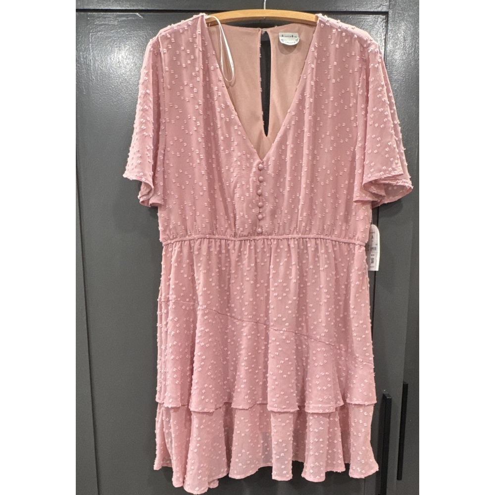 Arula Swiss Dot Fit & Flare Dress Pink 1X V-Neck Flutter Sleeve Ruffle